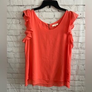 EAM Women’s Chiffon Ruffle Cap Sleeve Coral Top Size L